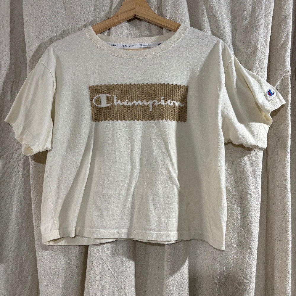 Champion Womens Cream‎ Textured Box Logo Cropped T-Shirt Size M